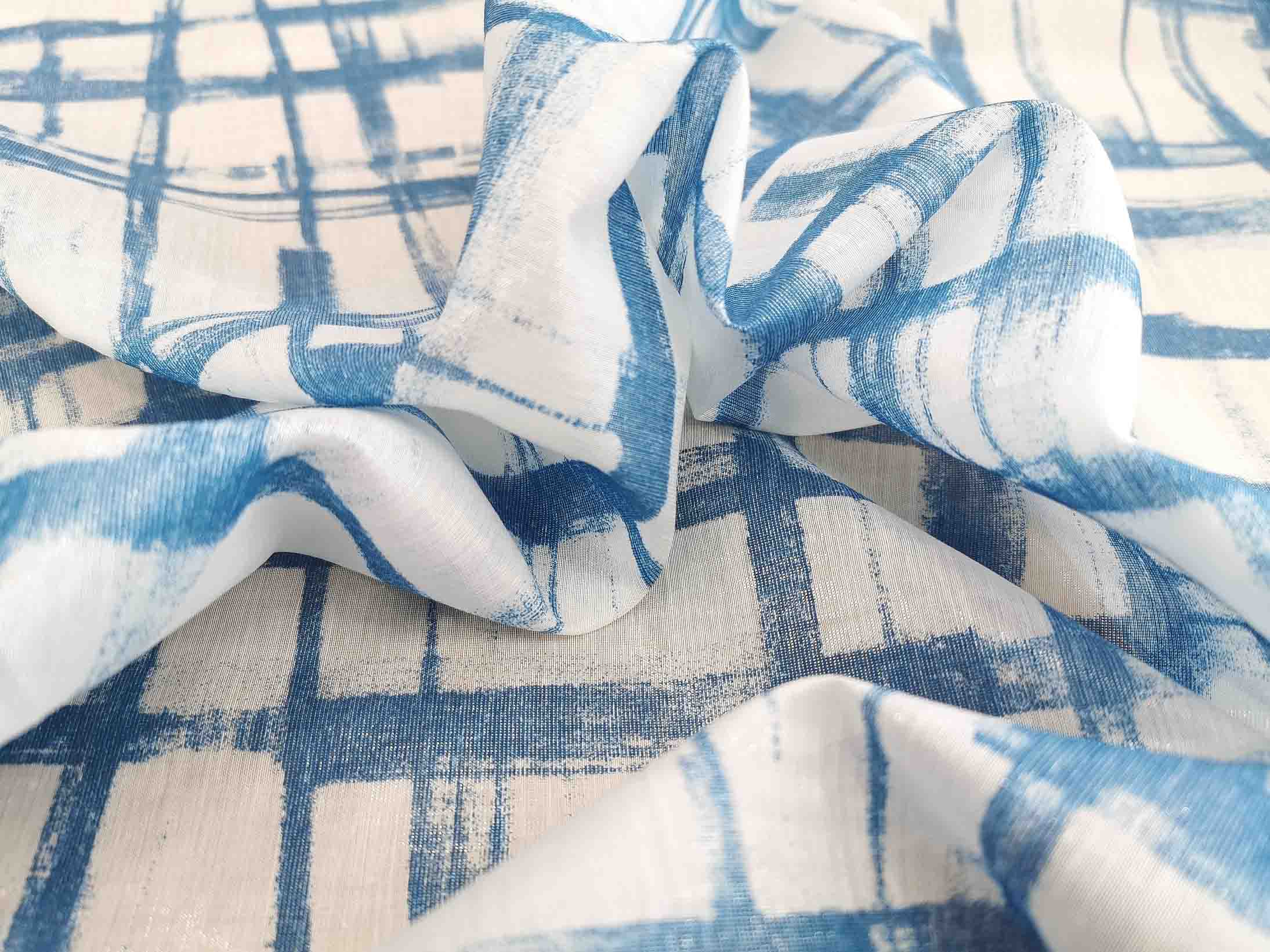 ווהל אורגנדין כותנה משי בהדפס ריבועים אמורפיים כחול