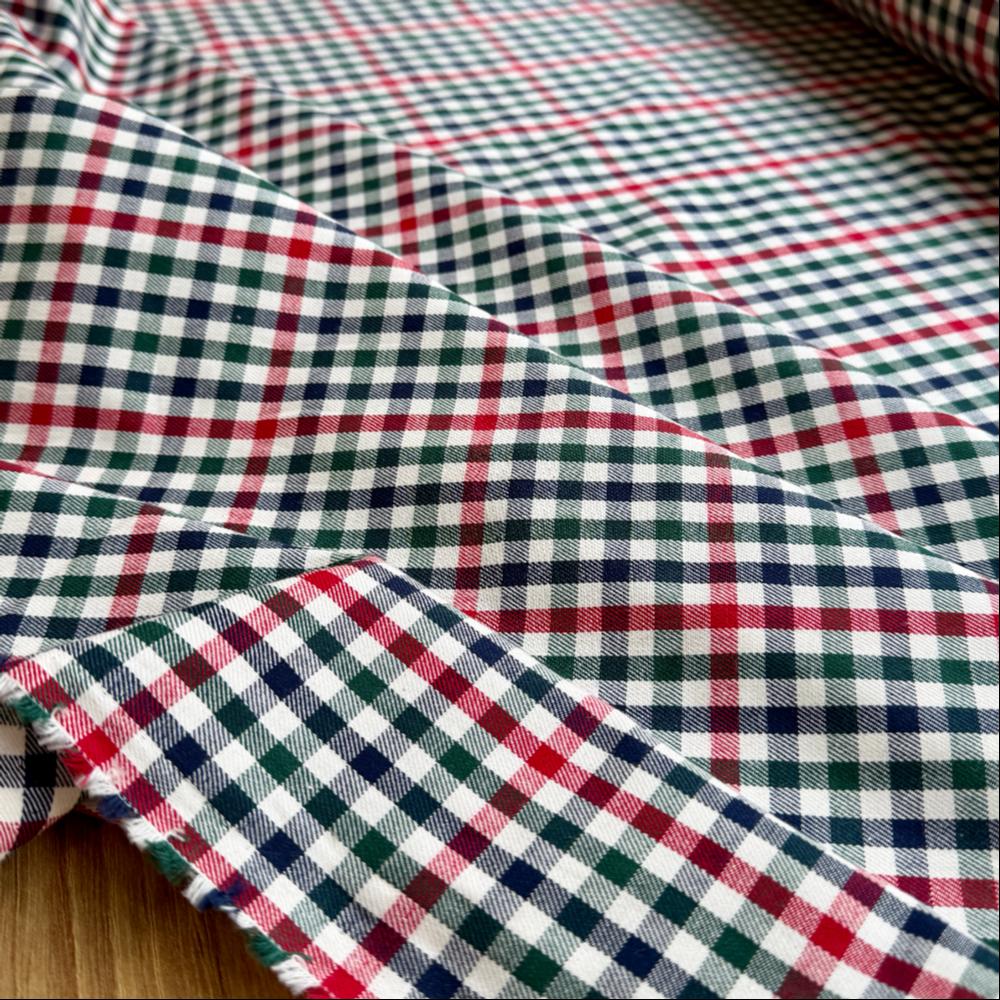 כותנה פלנל משבצת קטנה בגווני ירוק/כחול/אדום